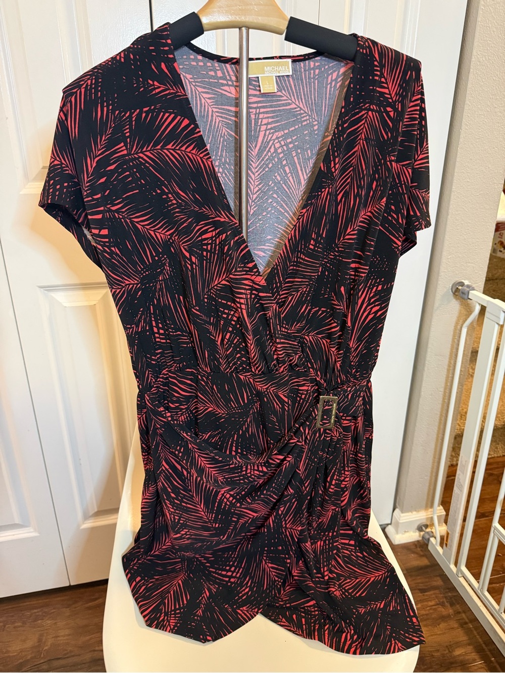Michael Kors Black and Red Palm-Print Wrap Dress size Large